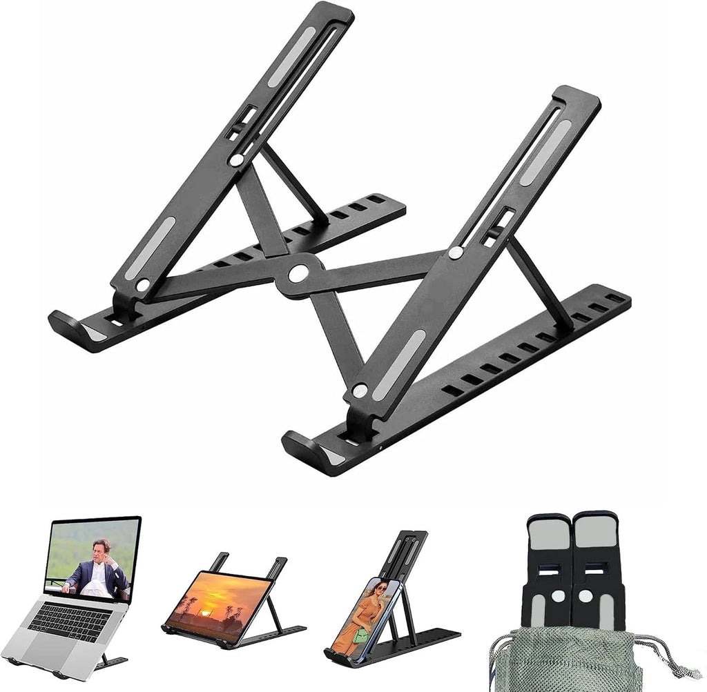 Black laptop stand with smaller photos of it holding a laptop, tablet and phone