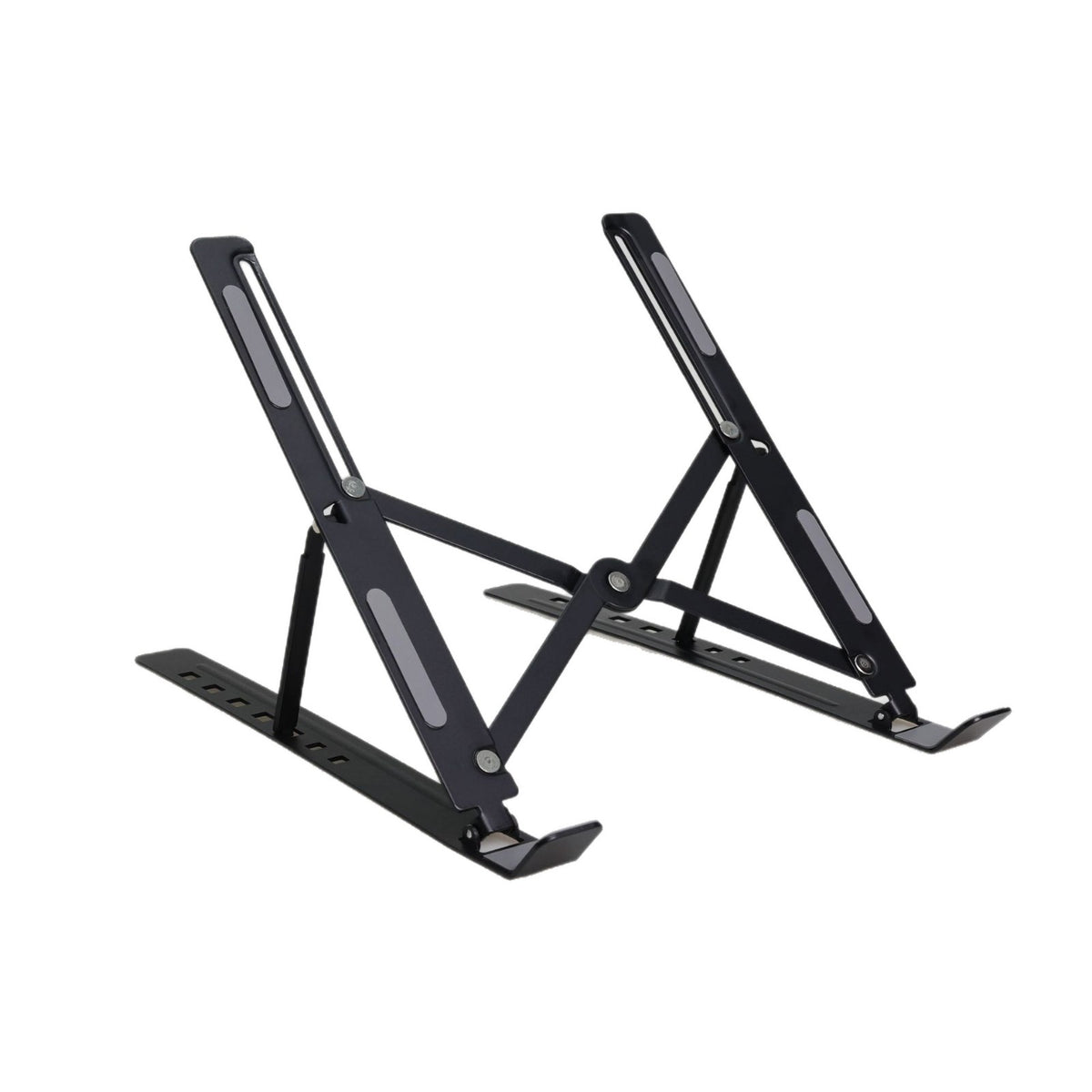 Black folding laptop stand, open, side view