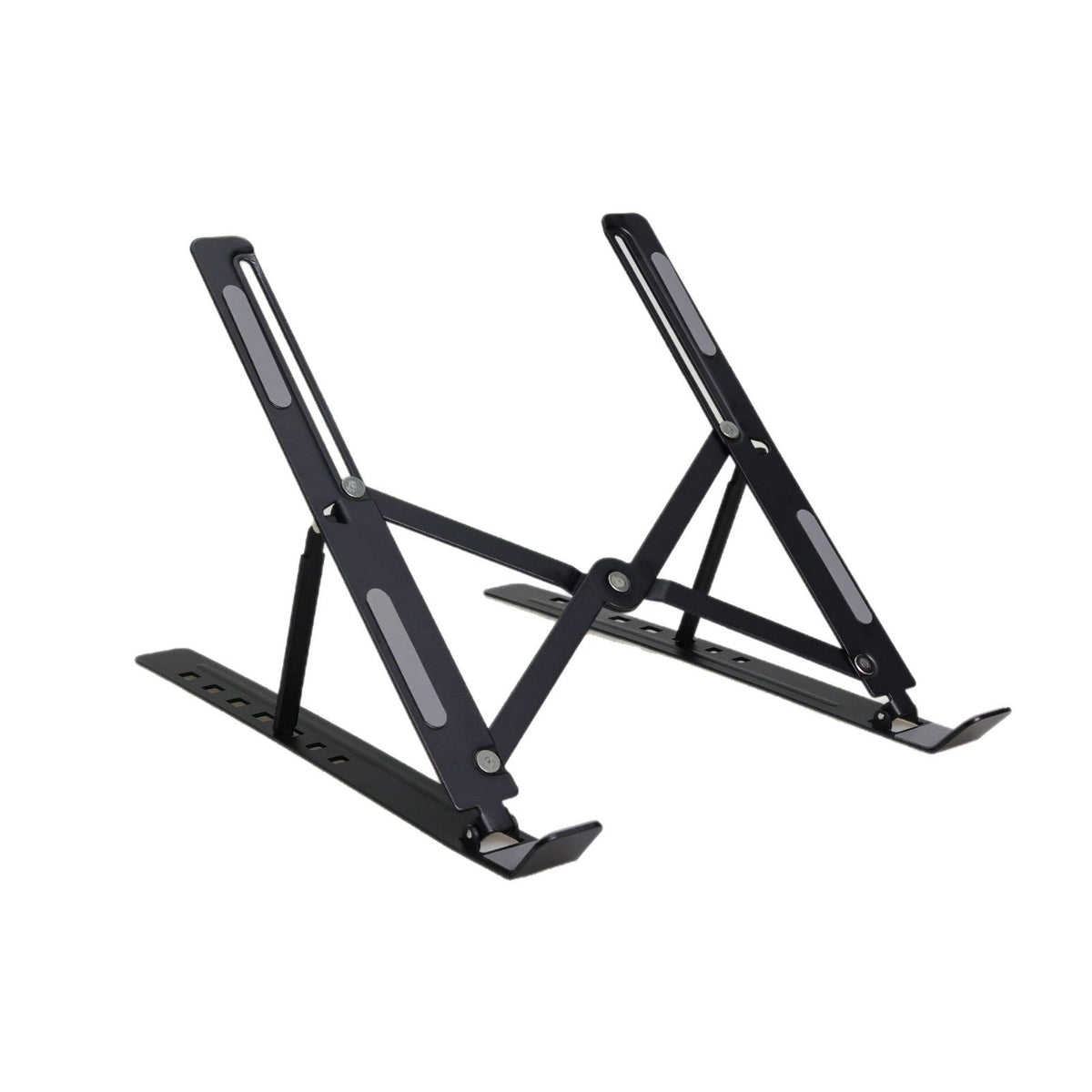 Black folding laptop stand, open, side view