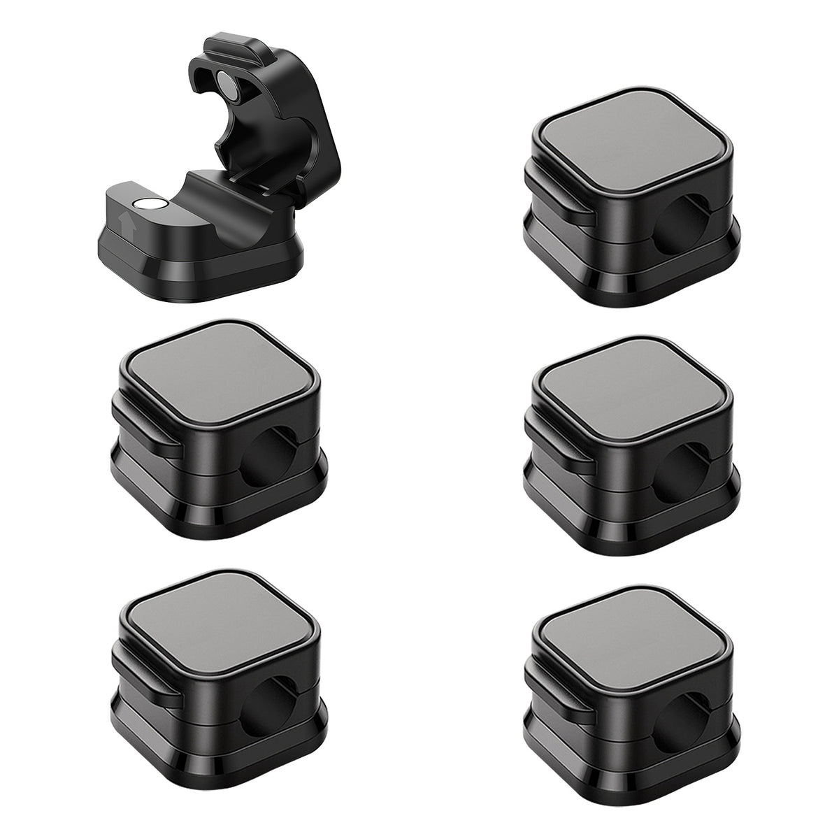 Six black magnetic cable clips on a white background