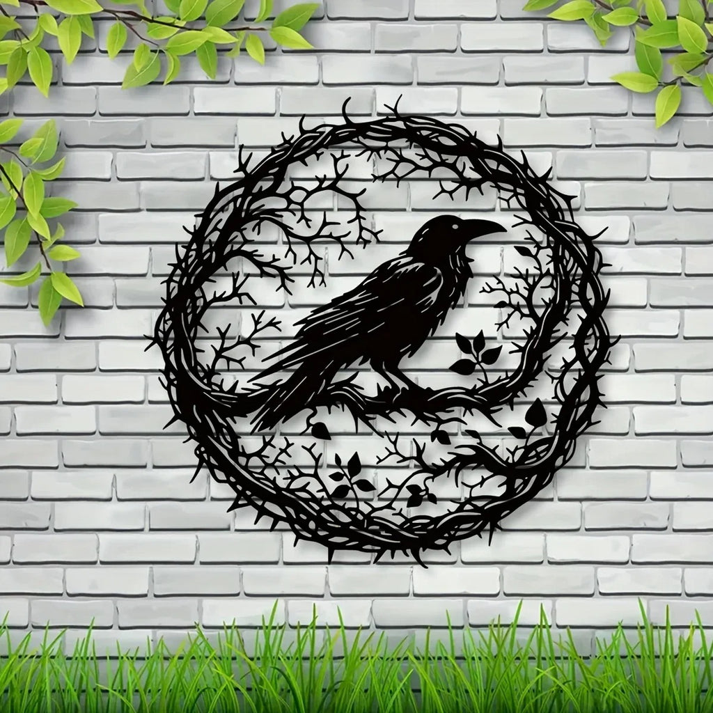 Black crow wall art on a white brick wall