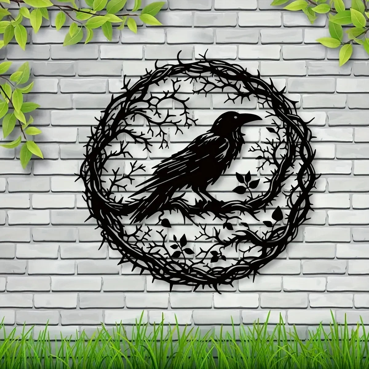Black crow wall art on a white brick wall