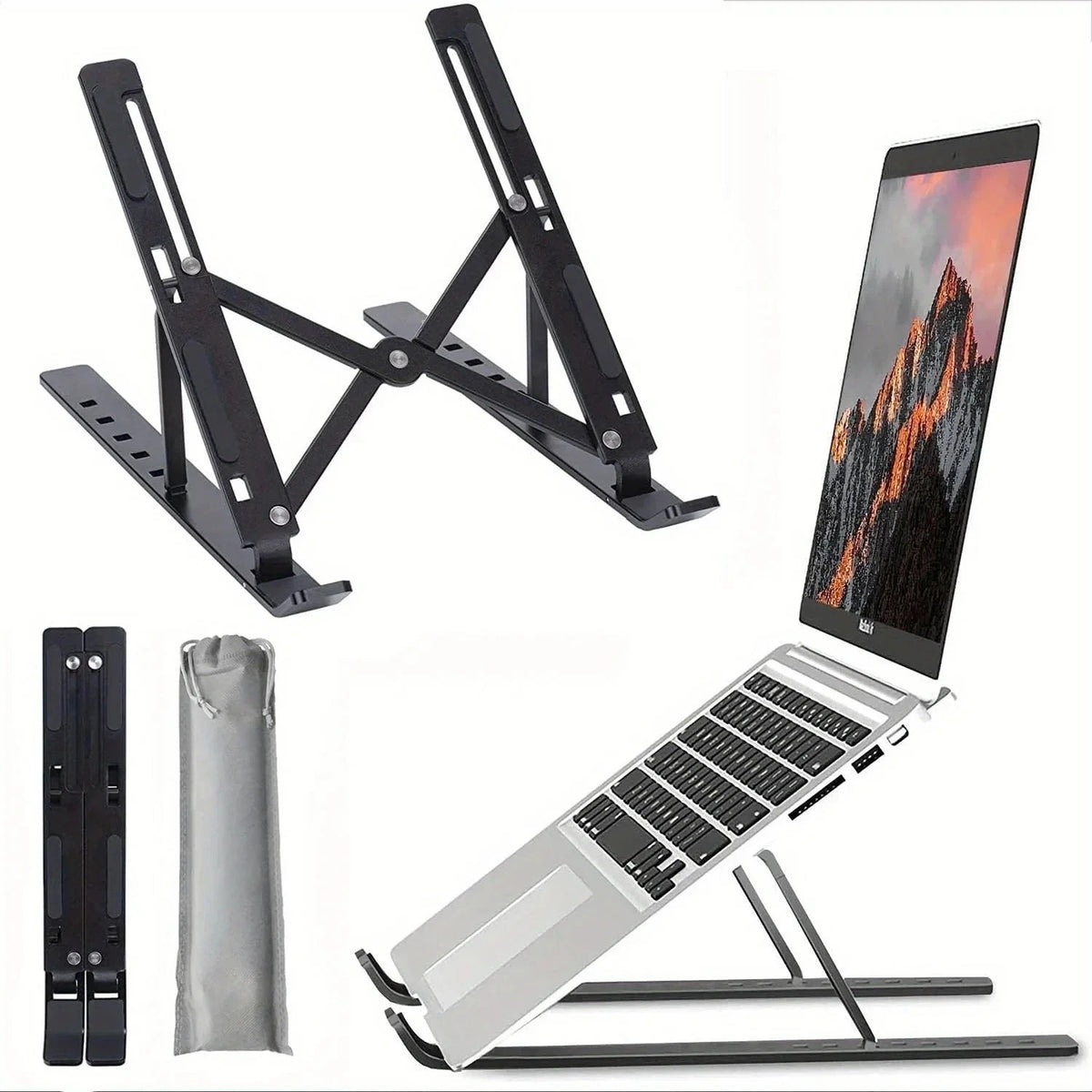 Black folding laptop stand, shown folded, in its pouch and holding a laptop