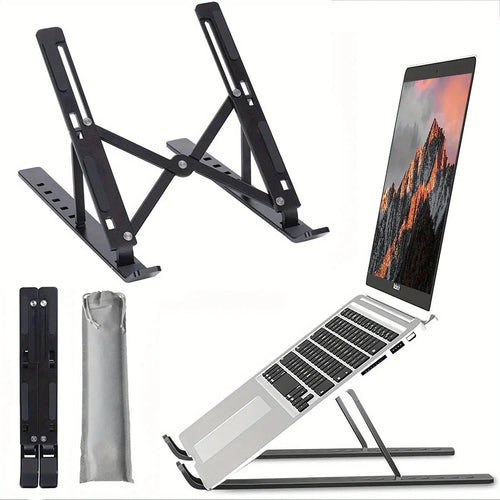 Black folding laptop stand, shown folded, in its pouch and holding a laptop