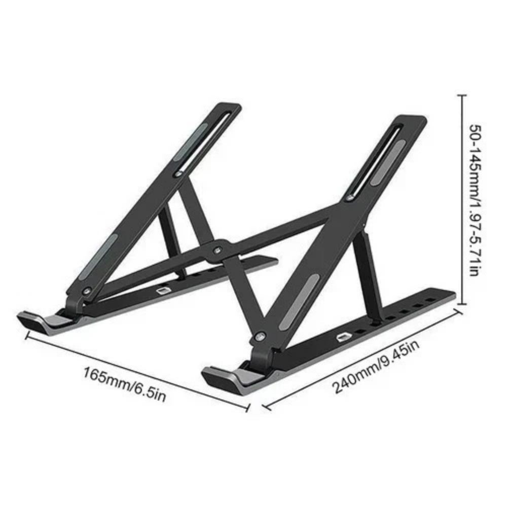 Laptop stand dimensions: 9.45 × 6.5 in base, 2–5.7 in high