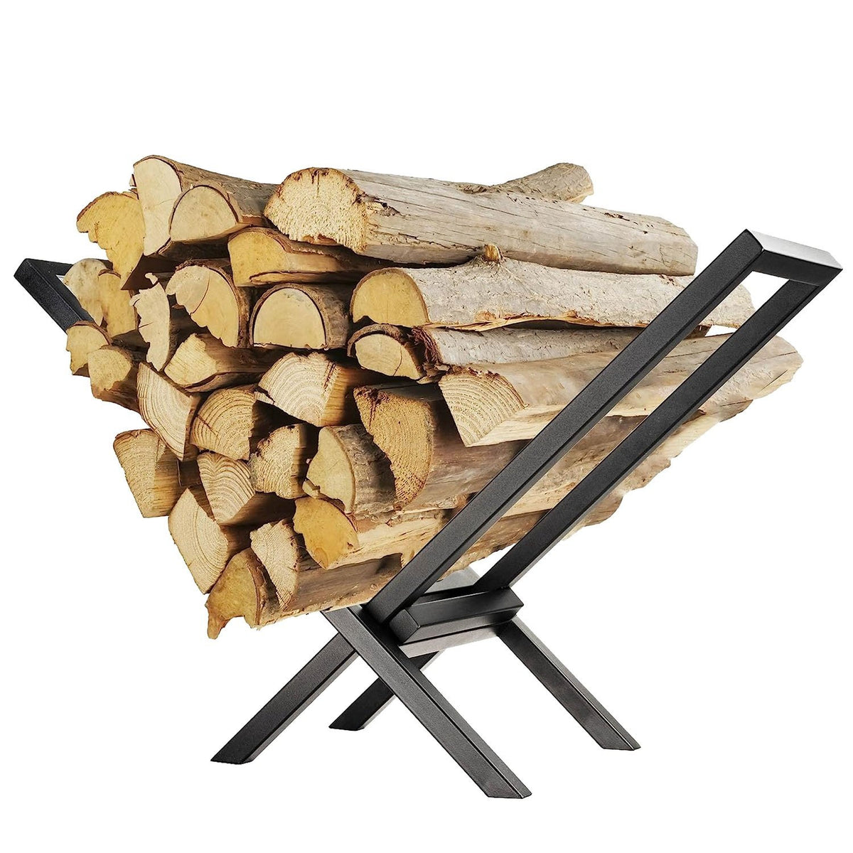 Folding black steel X-frame firewood rack loaded with split logs on a white background